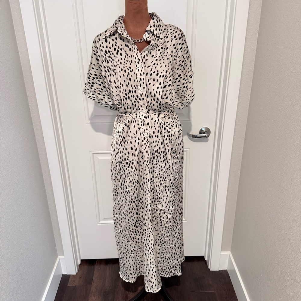 Cider Dalmatian Print Button-Front Midi Shirt Dress – Belted | size 0XL